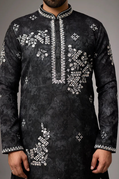 Midnight Black Floral Kurta Pajama Set – Front View | Mahavir NX