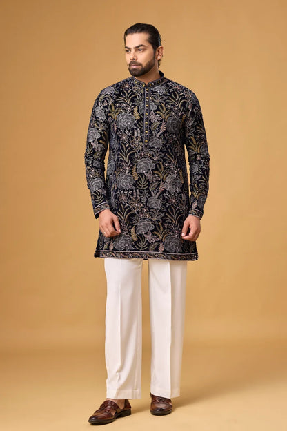 Navy Blue All-Over Floral Kurta for Men – Wedding Ethnic Wear | Mahavir NX