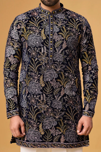 Designer Navy Blue Embroidered Ethnic Kurta – Side View | Mahavir NX