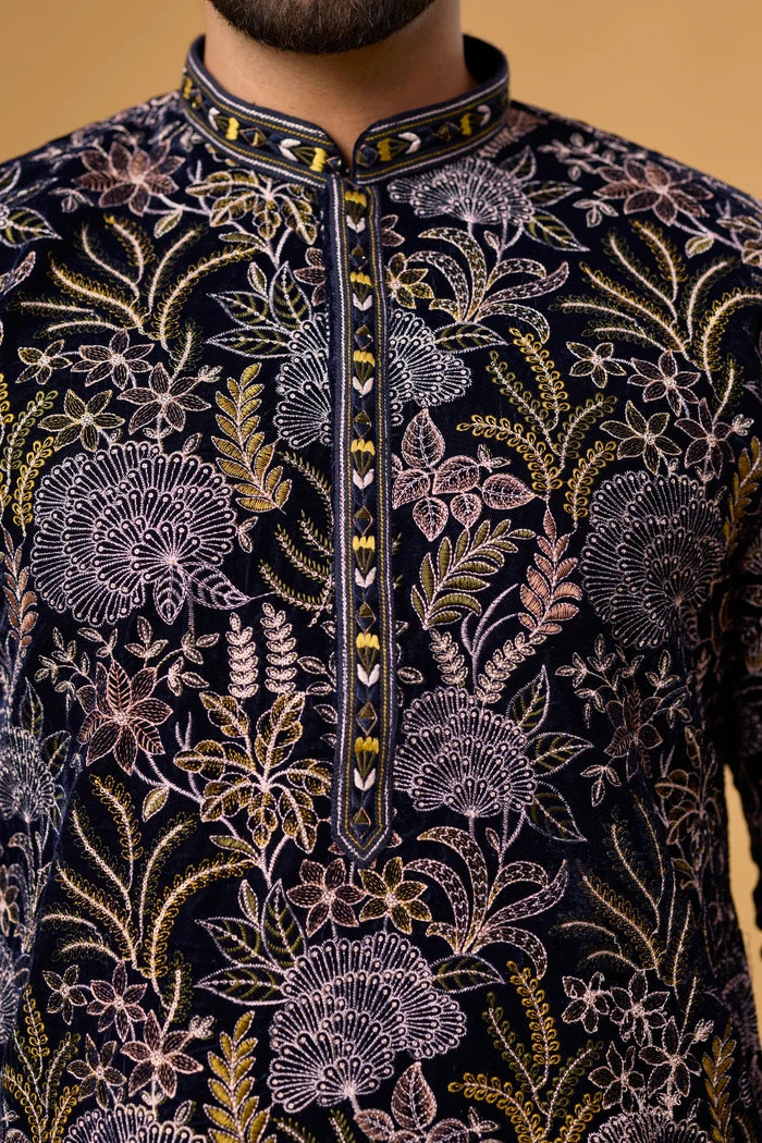 Premium Midnight Navy Floral Kurta Set for Men – Full Length View | Mahavir NX