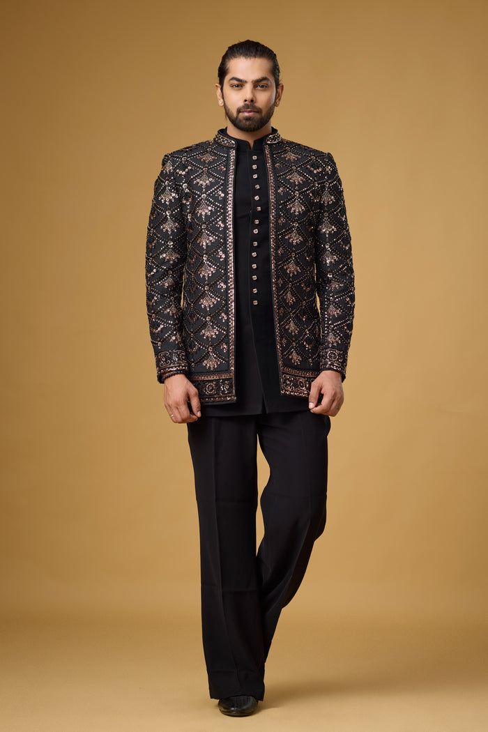 Midnight Noir diamond motif Indo-Western for men | Mahavir NX