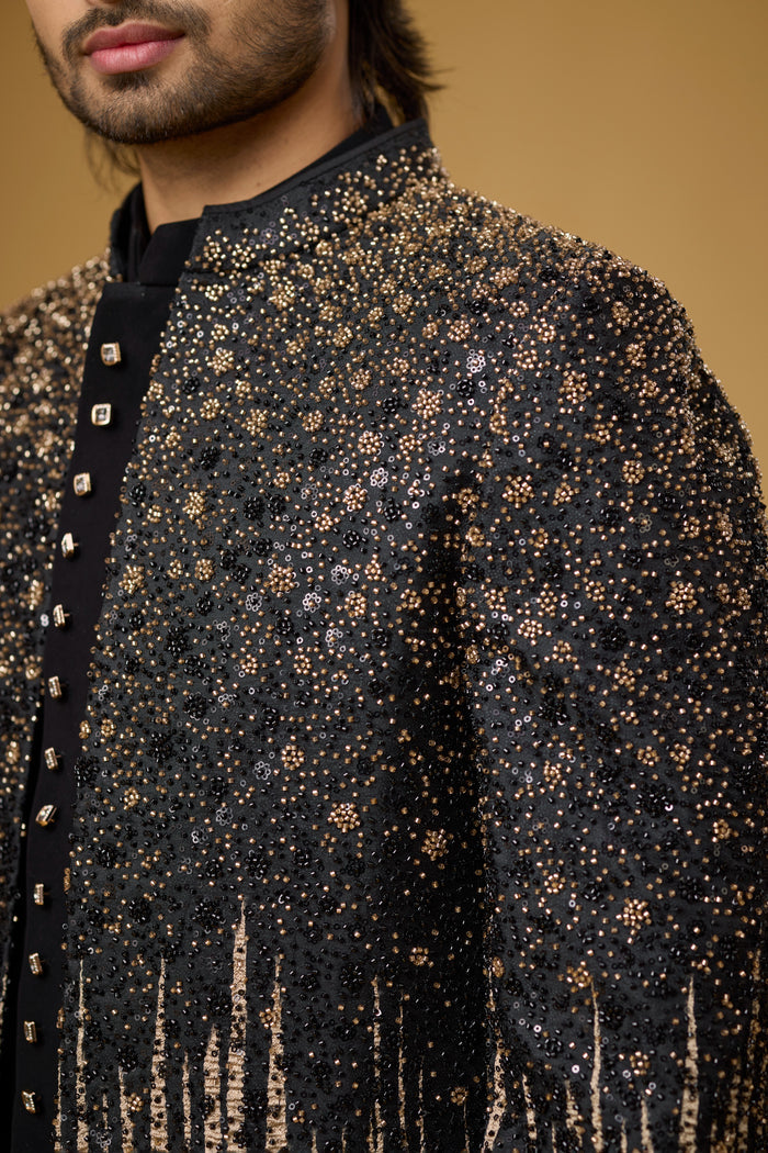 Midnight Noir gold gradient wedding guest outfit