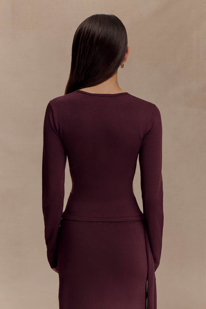 Miraby Front Ruched Knit Long Sleeve Top - Dark Chocolate