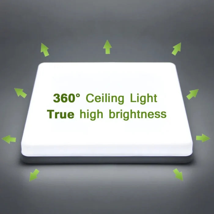 a white light with green arrows pointing up to the words,’360 ceiling light ’