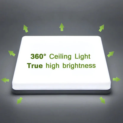 a white light with green arrows pointing up to the words,’360 ceiling light ’
