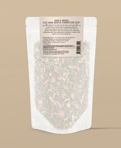 A stand-up pouch of herbal tea with the back label facing the camera, set against a solid beige background. The pouch is semi-transparent, revealing dried flowers and leaves inside.