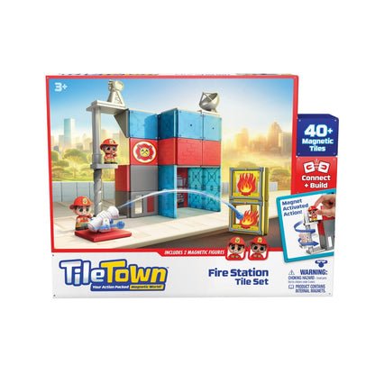 The Moose Toys Tile Town Fire Station Tile Set includes over 40 magnetic tiles, firefighter figures, a fire hydrant, and flame—ideal for imaginative play for ages 3 and up.