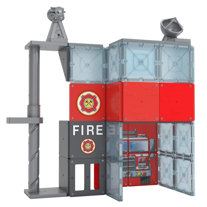 The Moose Toys Tile Town Fire Station Tile Set by Moose Toys features interlocking plastic and magnetic tiles in red and gray, with a fire truck graphic, firefighter symbols, lookout towers, ladders, and firefighter figures.