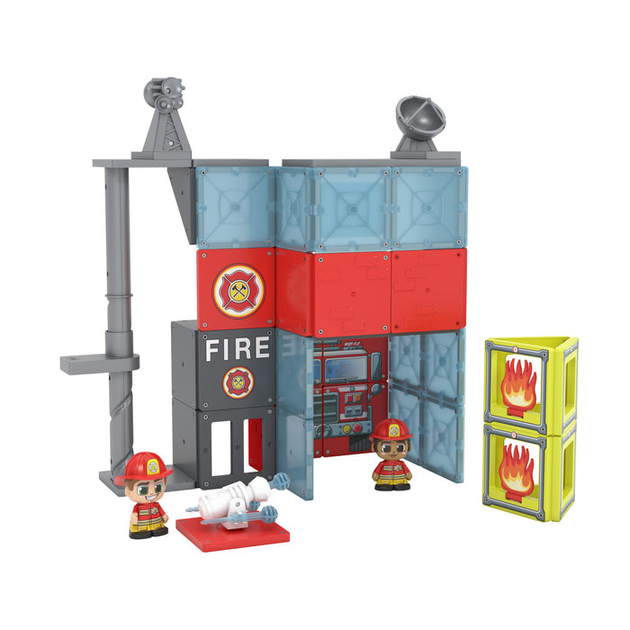 The Moose Toys Tile Town Fire Station Tile Set by Moose Toys includes blue and red magnetic tiles, two firefighter figures, a white hose, a tall ladder, yellow fire symbol blocks, and a building with a fire emblem.