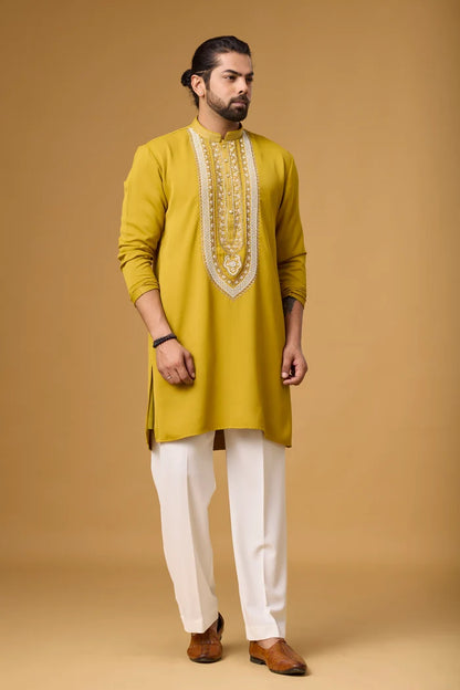 Mustard Embroidered Panel Kurta for Men – Wedding Ethnic Wear | Mahavir NX