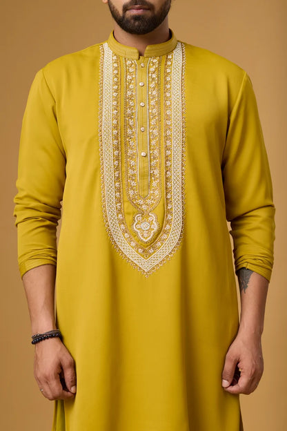 Premium Mustard Embroidered Kurta Set for Men – Full Length | Mahavir NX