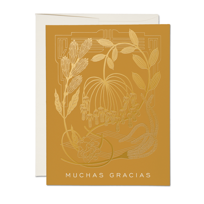 Greeting card with floral design and 'Muchas Gracias' text on a white background