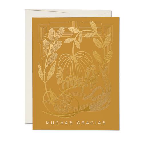 Greeting card with floral design and 'Muchas Gracias' text on a white background
