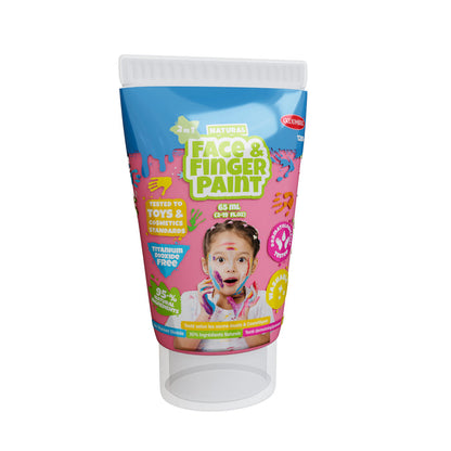 Boti 2.3oz Natural Face & Finger Paint 2-Pack Asst.—a safe, toxin-free, 2-in-1 paint for kids. Tested to toy and cosmetic standards; packaging features a smiling child with painted cheeks. Ideal for creative art projects.