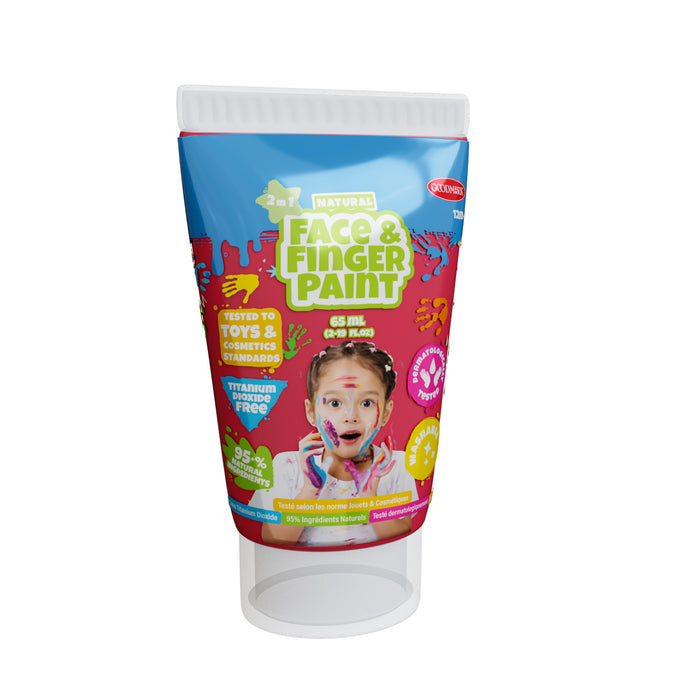 A vibrant 2.3oz Boti Natural Face & Finger Paint 2-Pack Asst. features a surprised child with painted face, bright handprints, and claims like 95% natural ingredients and titanium dioxide free—ideal for art projects.