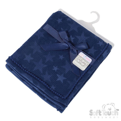 Navy Star Embossed Mink Wrap W/Pom Pom Trim FBP230-N