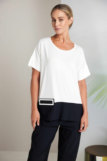 Black Naya pull-up trousers with a slim leg, stretch fabric and patch pockets. Comfortable, flattering and easy to wear. Shop now at Dotique.