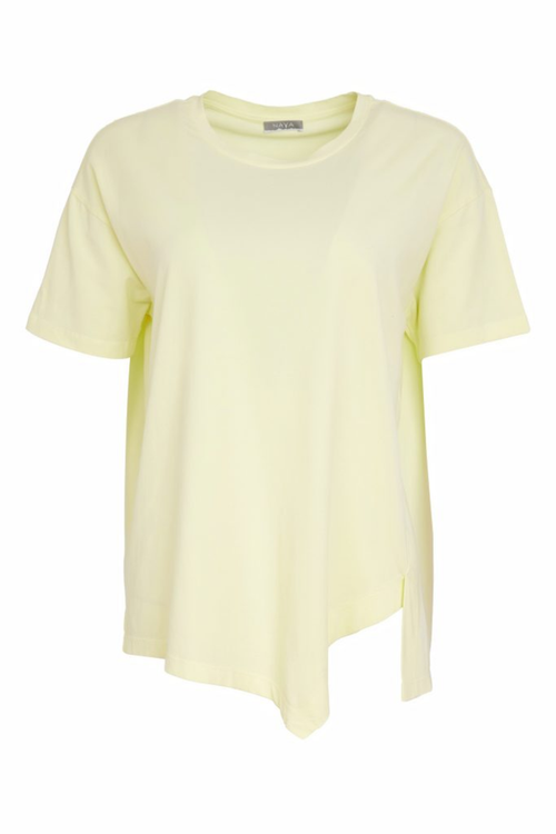 Soft lemon yellow Naya jersey top with a relaxed fit and cut-out hem detail. Easy to wear and perfect for everyday. Shop at Dotique.