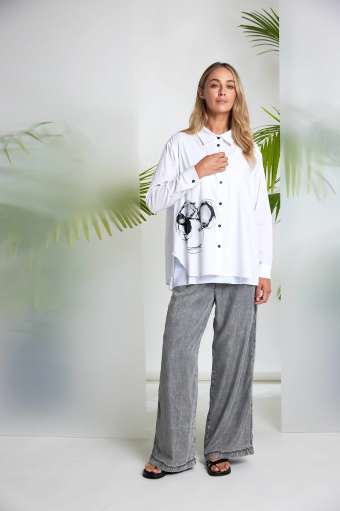 Model wearing Naya NAS26137 Granite Grey Wide Leg Pull-On Trousers by Naya Shop Naya at Dotique