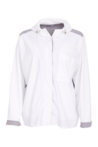 Front view of Naya NAS26180 Hooded Contrast Back Jacket with Patch Pocket in White & Grey by Naya shop Naya at Dotique