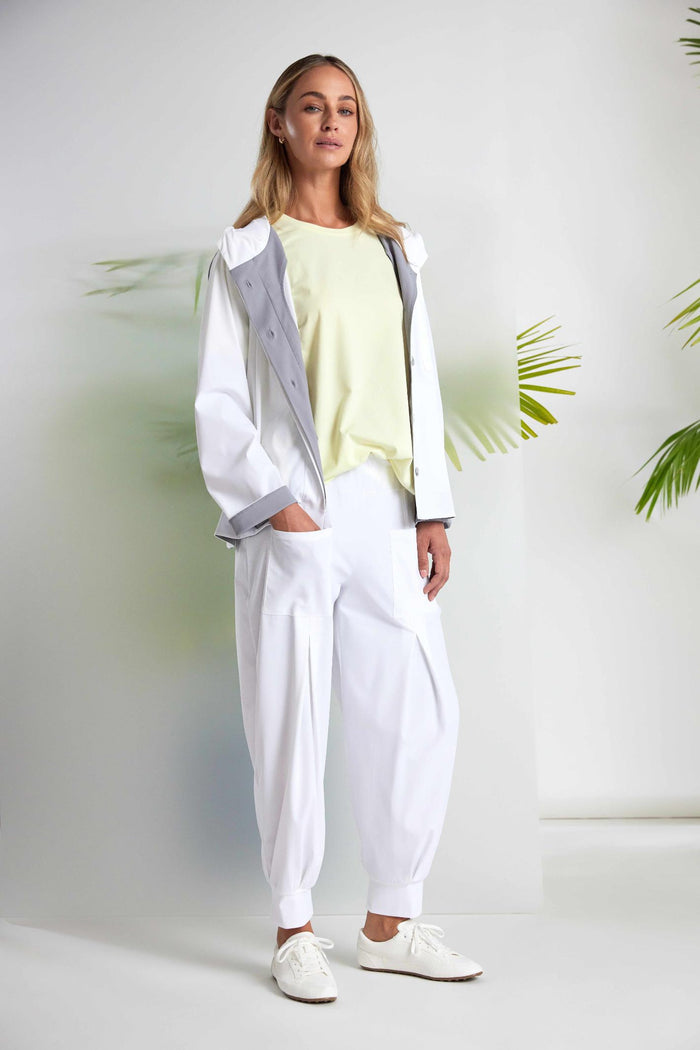 Woman wearing Naya NAS26180 Hooded Contrast Back Jacket with Patch Pocket in White & Grey by Naya shop Naya at Dotique