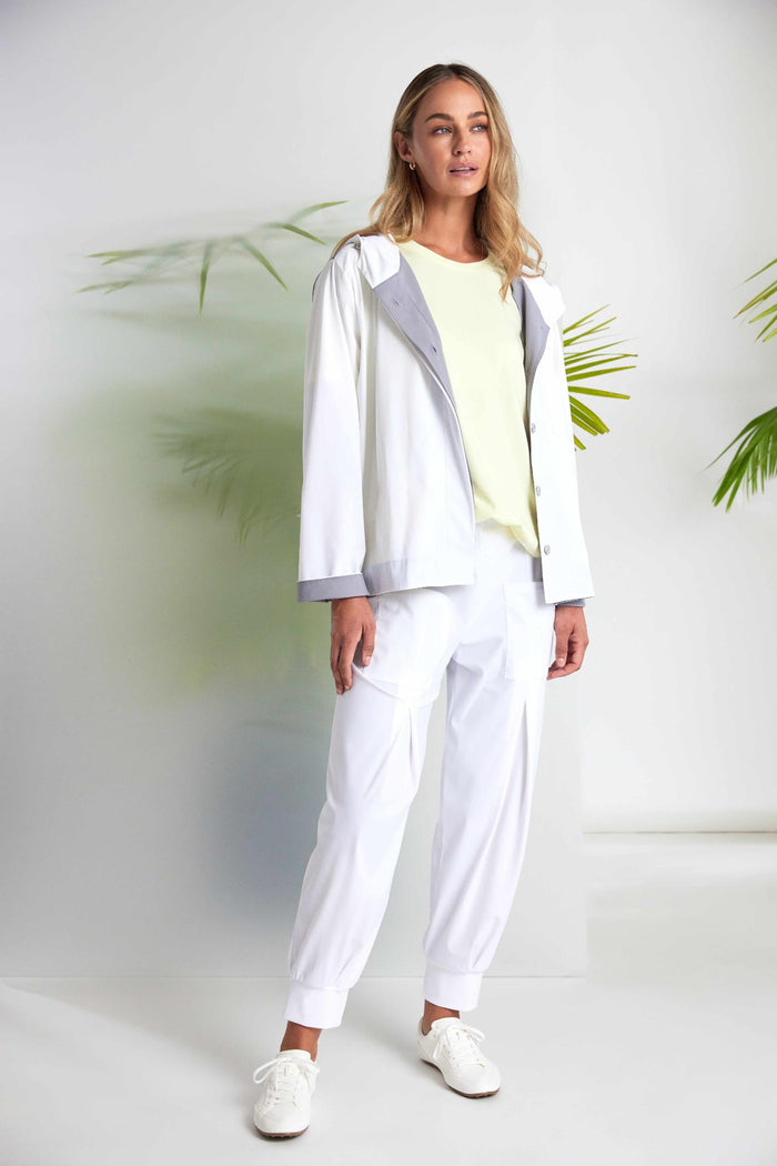Woman wearing Naya NAS26180 Hooded Contrast Back Jacket with Patch Pocket in White & Grey by Naya shop Naya at Dotique