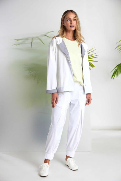 Woman wearing Naya NAS26180 Hooded Contrast Back Jacket with Patch Pocket in White & Grey by Naya shop Naya at Dotique