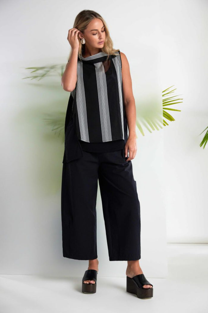 Model wearing Naya NAS26257 Stripe Longline Top with Wrap Collar by Naya, shop the Naya collection at Dotique.