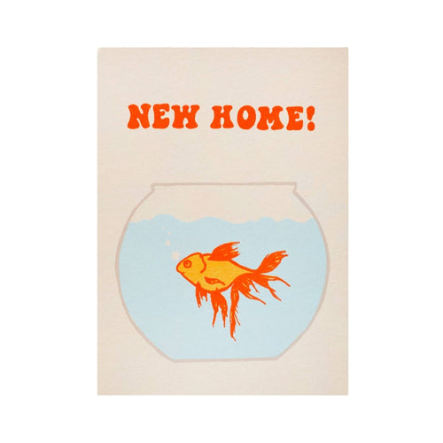 Card with a goldfish in a bowl and 'NEW HOME!' text on a white background