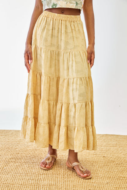 Front view of model wearing NKN Nekane Riloru Yellow Long Linen Ruffled Skirt by nkn nekane, shop nkn nekane at Dotique