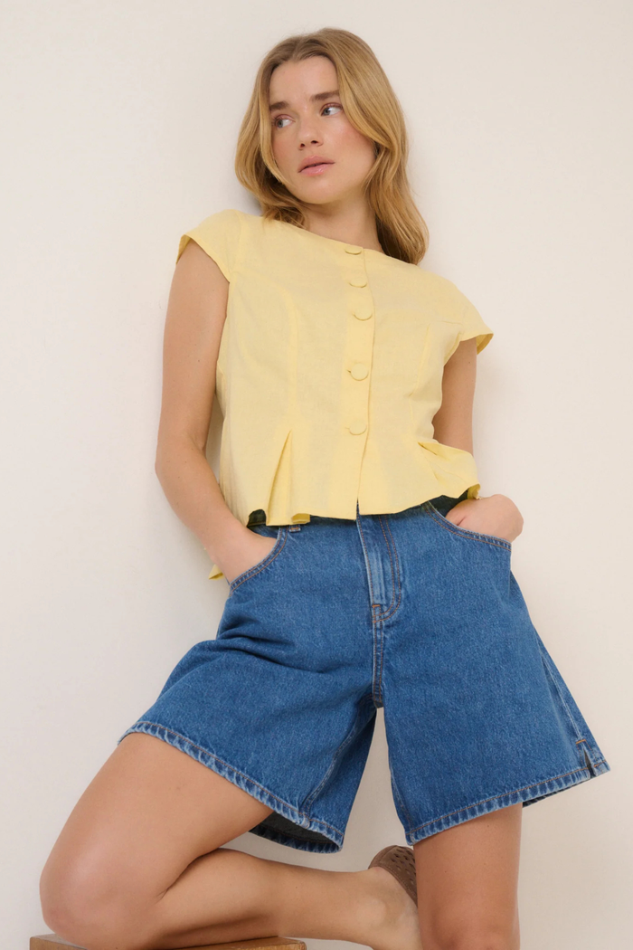 Nobody's Child Gretchen Butter Yellow Top by nobody’s child styled with cap sleeves and front buttons Shop nobody’s child at Dotique