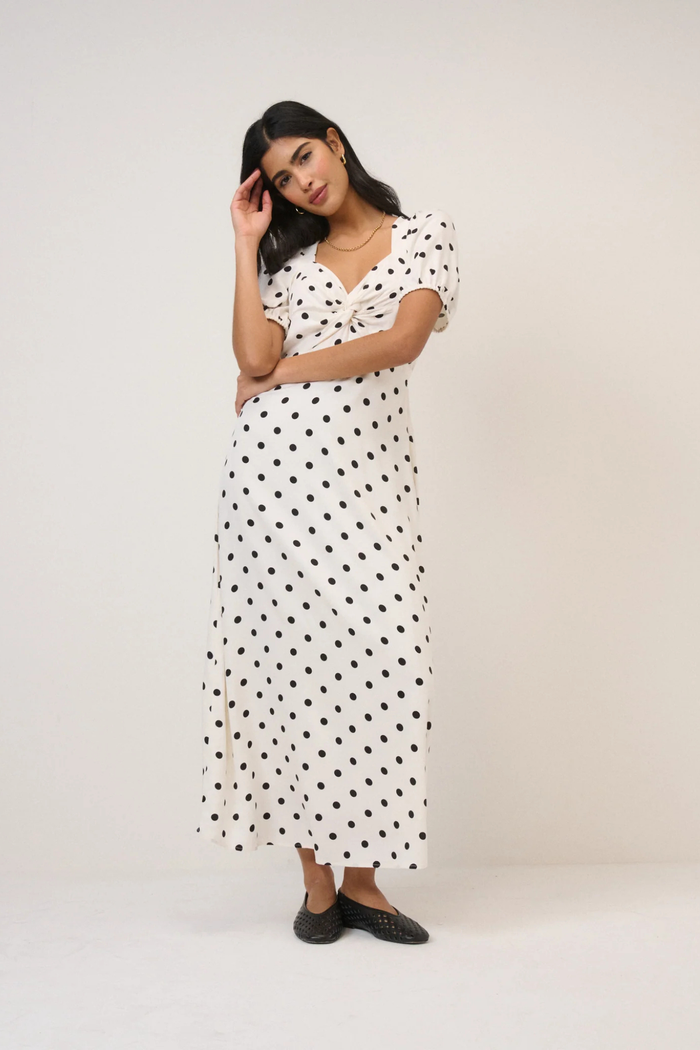 Nobody's Child White Polka Dot Tyla Midi Dress by nobody’s child styled simple on model Shop nobody’s child at Dotique