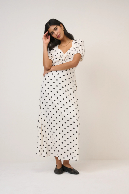 Nobody's Child White Polka Dot Tyla Midi Dress by nobody’s child styled simple on model Shop nobody’s child at Dotique