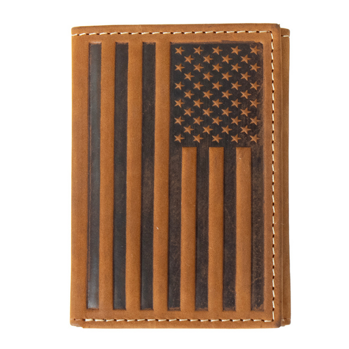 Nocona Men's Embossed American Flag Brown Leather Tri-Fold Wallet