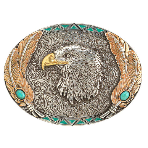 Nocona Oval Eagle Feathers Multi Colored Belt Buckle