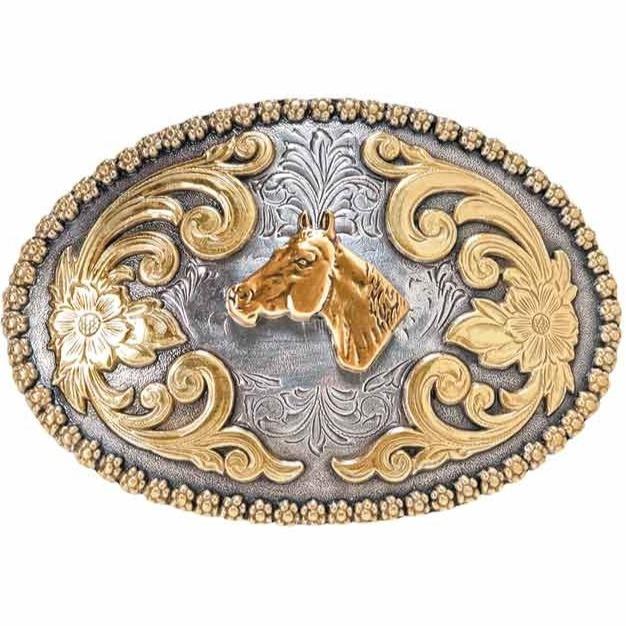 Nocona Two Tone Horse Head Scroll Buckle