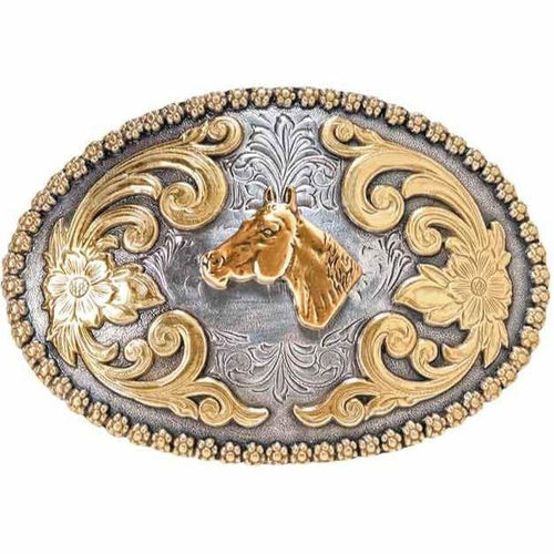 Nocona Two Tone Horse Head Scroll Buckle