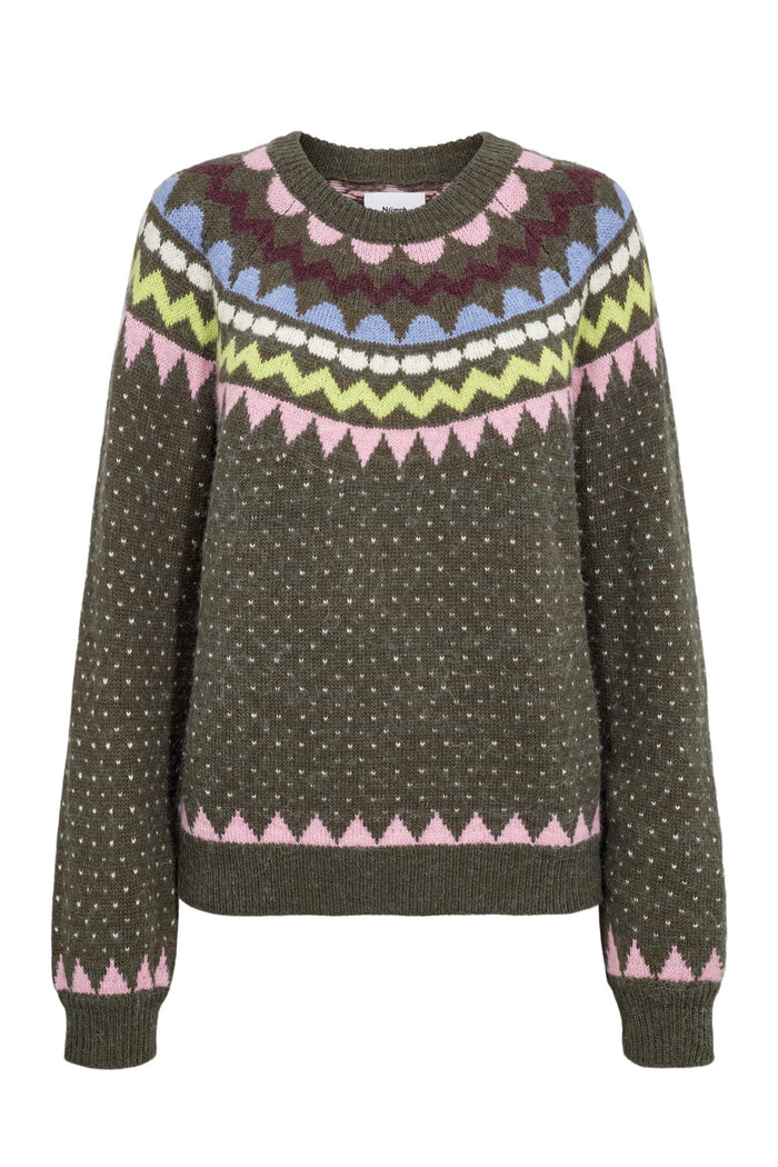 Shop the Nümph NUOLANDA Jumper in Forest Night at Dotique. A colourful Fair Isle-inspired knit with pink, blue and green detailing for AW26.