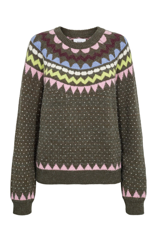 Shop the Nümph NUOLANDA Jumper in Forest Night at Dotique. A colourful Fair Isle-inspired knit with pink, blue and green detailing for AW26.