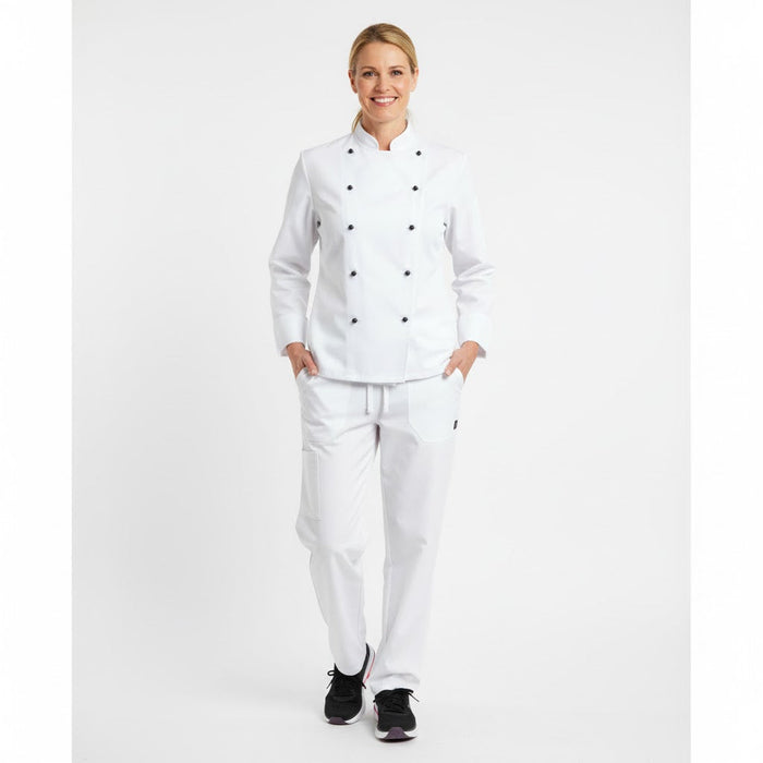 Nybo Delight unisex kokkejakke i hvid – klassisk pasform, slidstærk kvalitet & justerbare manchetærmer