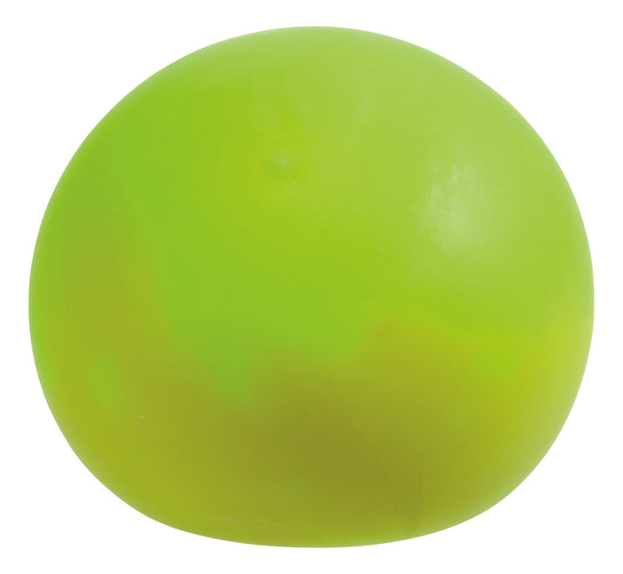 The Oddly Satisfying Surprise N' Slime Mystery Ball, a round, smooth, bright green rubber ball, is displayed against a plain white background.