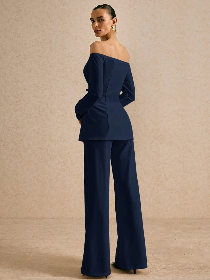 OFF SHOULDER SOLID COLOR BLAZER & LOOSE STRAIGHT LEG PANTS SUIT