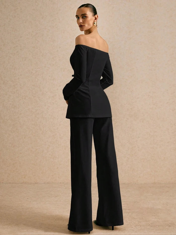 OFF SHOULDER SOLID COLOR BLAZER & LOOSE STRAIGHT LEG PANTS SUIT