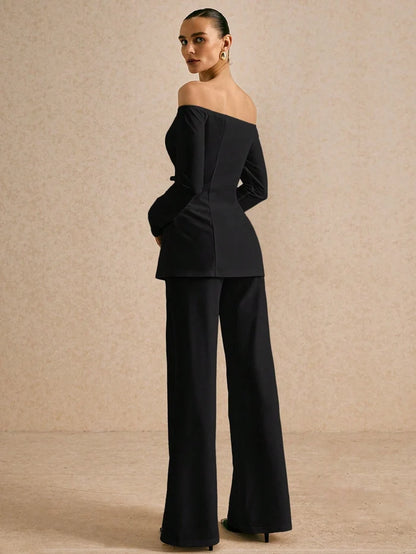 OFF SHOULDER SOLID COLOR BLAZER & LOOSE STRAIGHT LEG PANTS SUIT