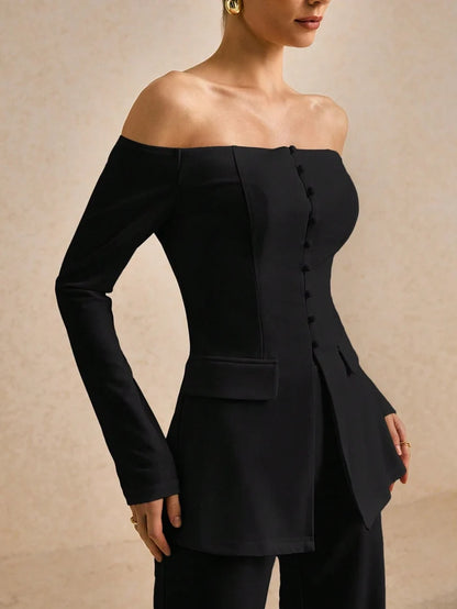 OFF SHOULDER SOLID COLOR BLAZER & LOOSE STRAIGHT LEG PANTS SUIT