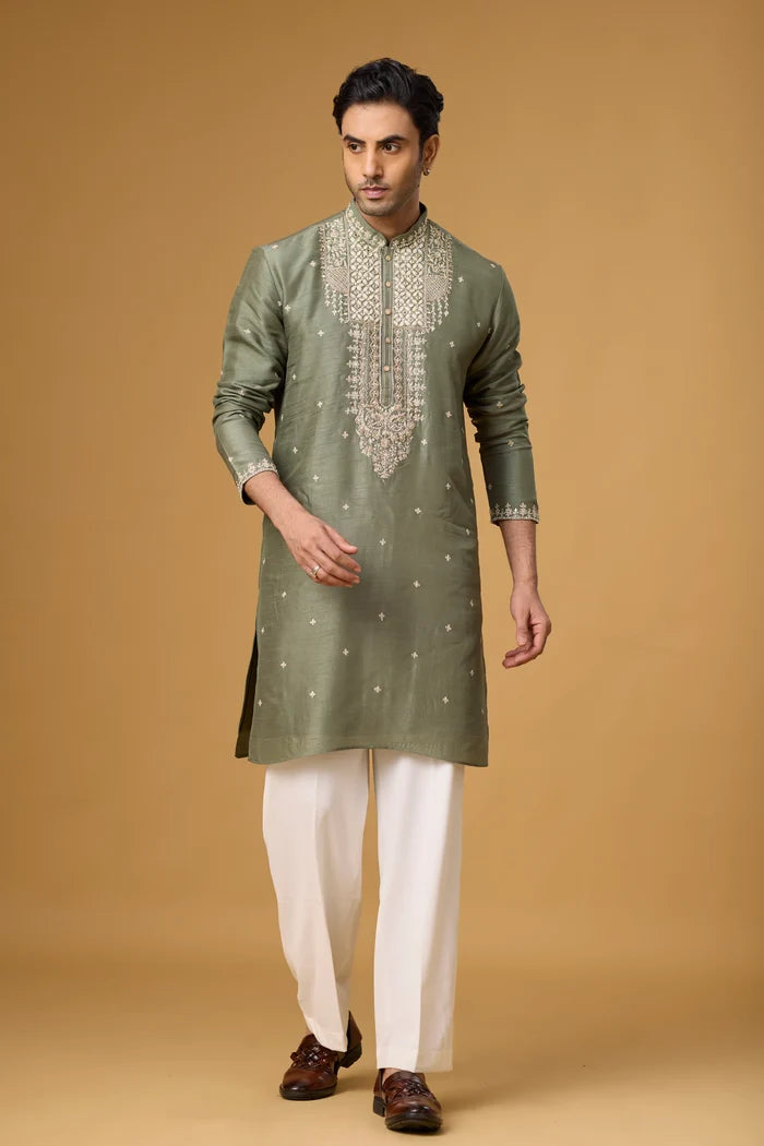 Heritage Embroidered Olive Kurta Set – Wedding & Reception Wear | Mahavir NX