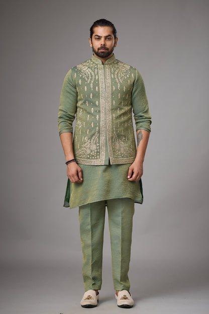 Olive Sage engagement jacket kurta set | Mahavir NX
