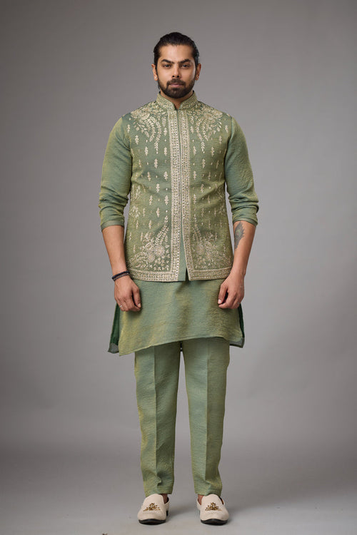 Olive Sage engagement jacket kurta set | Mahavir NX