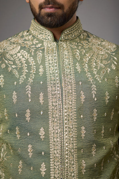 Olive Sage embroidered jacket kurta