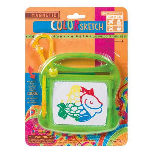 The On the Way Games Magnetic Color Mini Sketch is a reusable drawing board in green packaging featuring a colorful fish. Includes a yellow stylus on a cord. Ideal travel sketch pad for kids 3+ from On the Way Games.